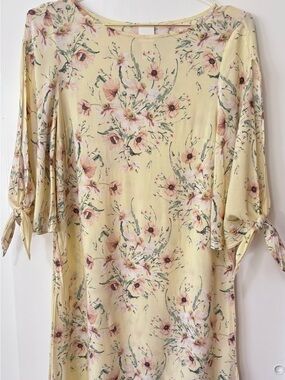 H&M| Boho Light Yellow Floral Tie-Sleeve Midi Dress Sz 2